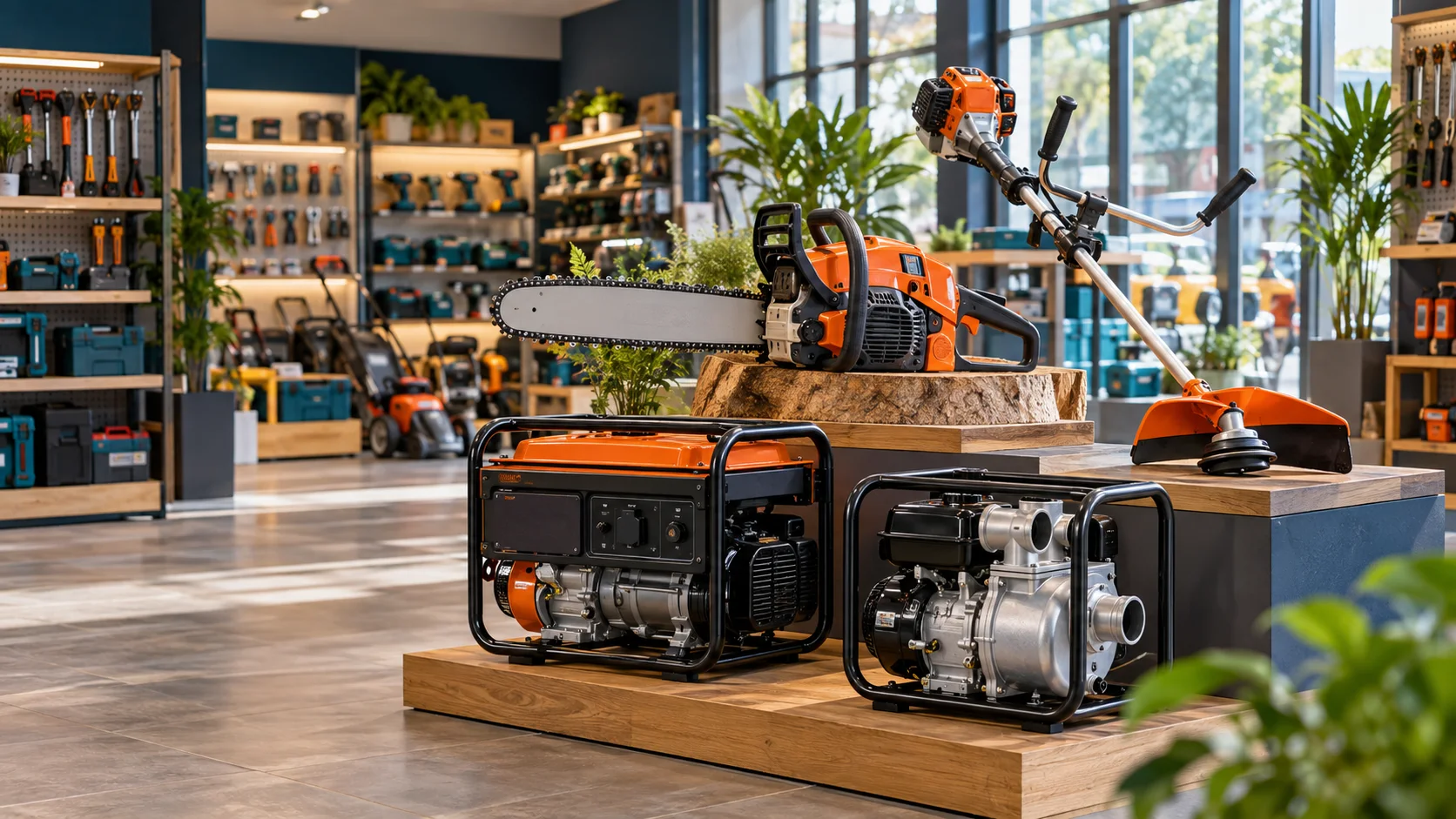 Illustrative shop display of a chainsaw, brush cutter, generator and water pump